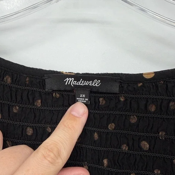 Madewell 2X Black Brown Polka Dot Smocked Babydoll Dress Midi Boho Peasant - Picture 4 of 6